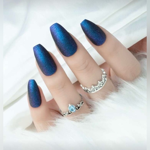 Navy Blue Iridescent Metallic Coffin Nail Kit | 24-Piece Press-On Nails | New - Picture 2 of 9